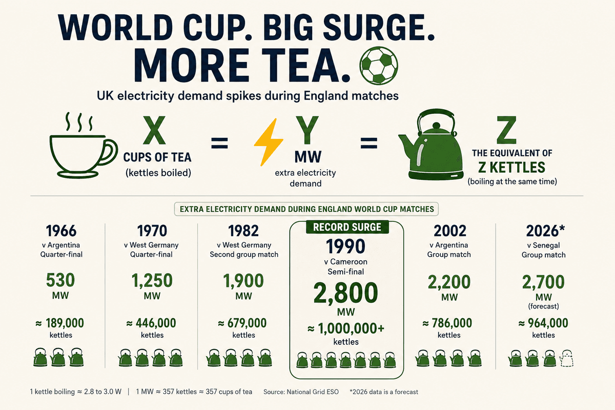 UK electricity demand spikes during England World Cup matches, 1966–2026, measured in megawatts and equivalent kettles.