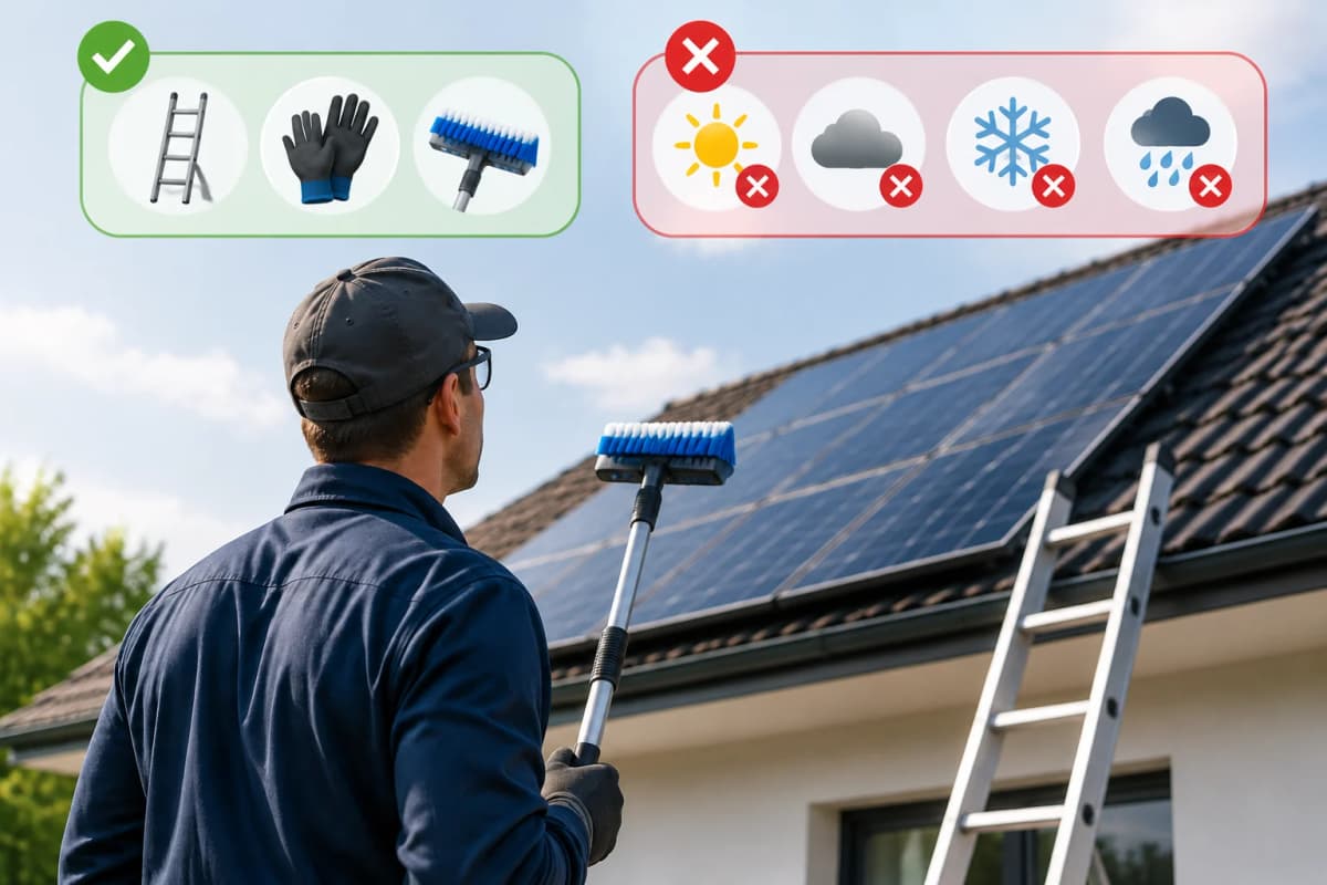 Safe solar panel cleaning with a homeowner using a soft brush and ladder, showing recommended tools and conditions to avoid when cleaning solar panels