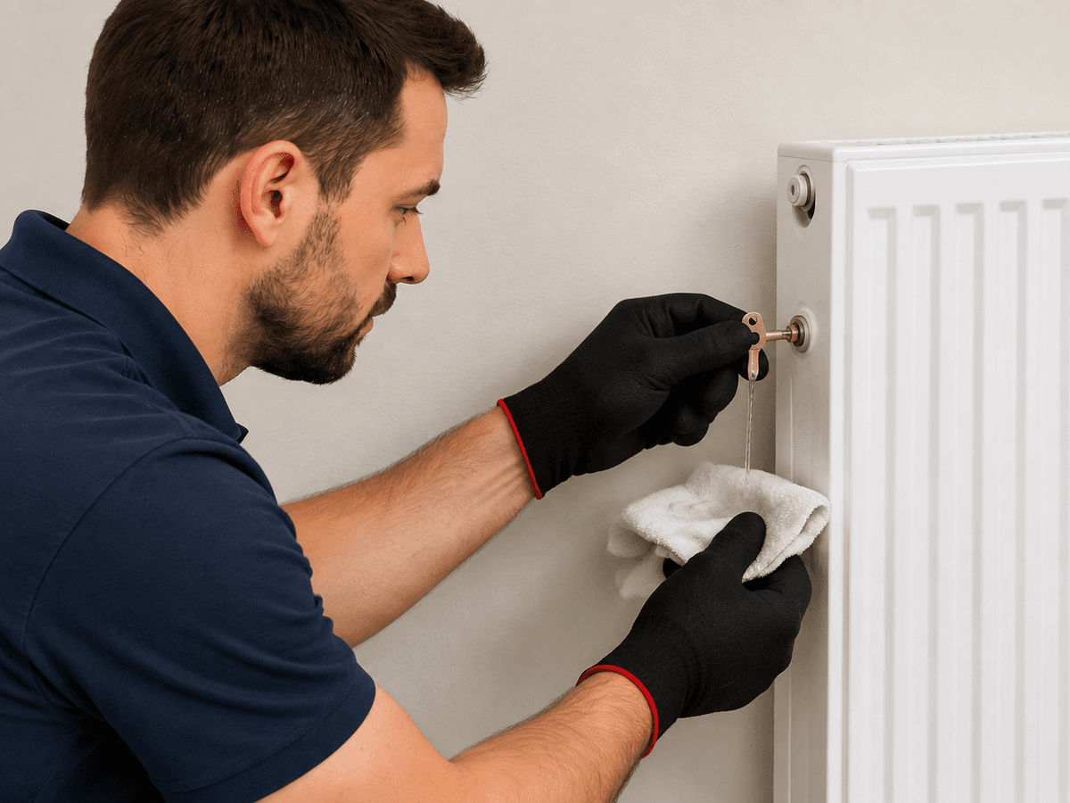 Person adding central heating inhibitor after completing a system flush