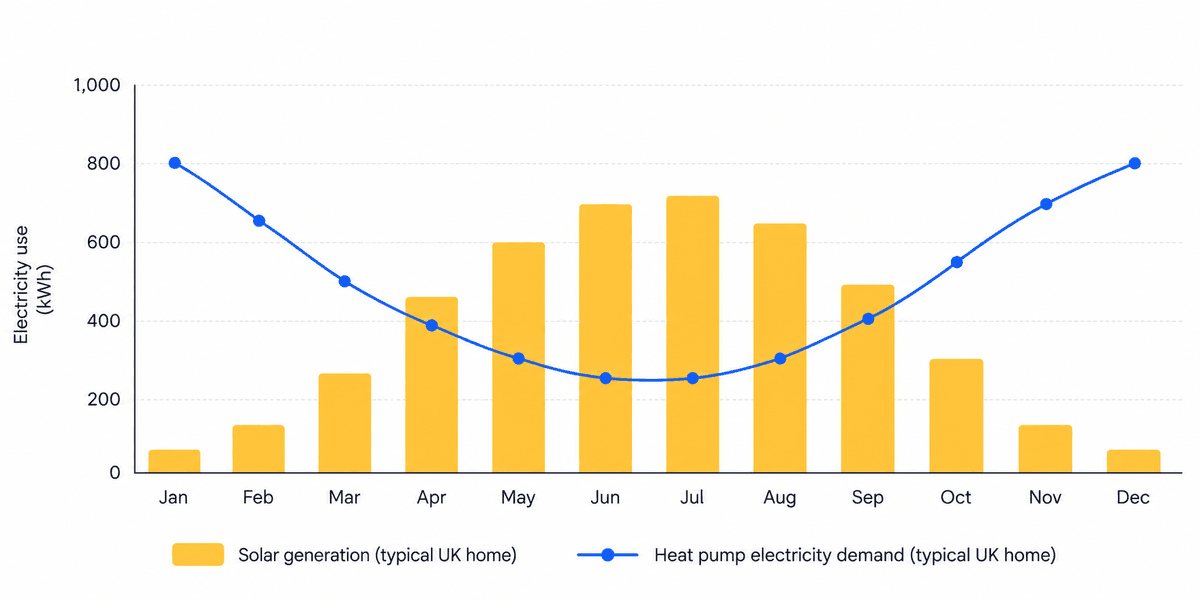 Chart comparing UK monthly solar generation with heat pump electricity demand