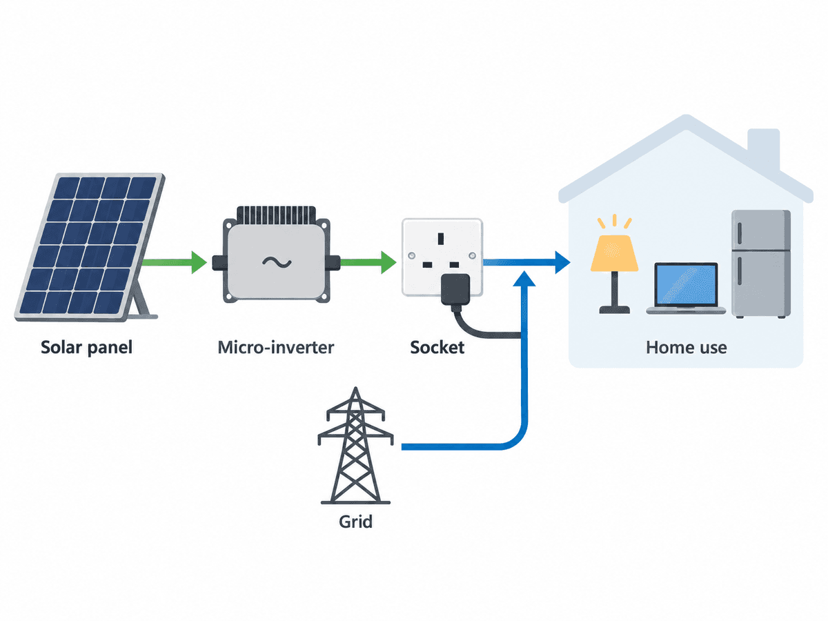 Diagram showing electricity flowing from a solar panel through a micro-inverter and wall socket to household appliances, with grid power as backup.