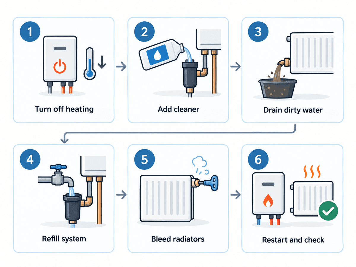 DIY central heating flush process showing cleaner, draining, refilling and radiator maintenance steps