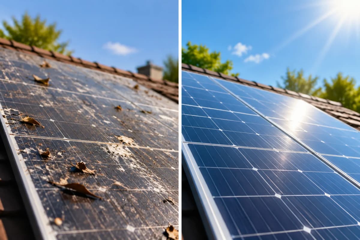 Weathered solar panel with dirt and leaves compared with a clean solar panel reflecting sunlight