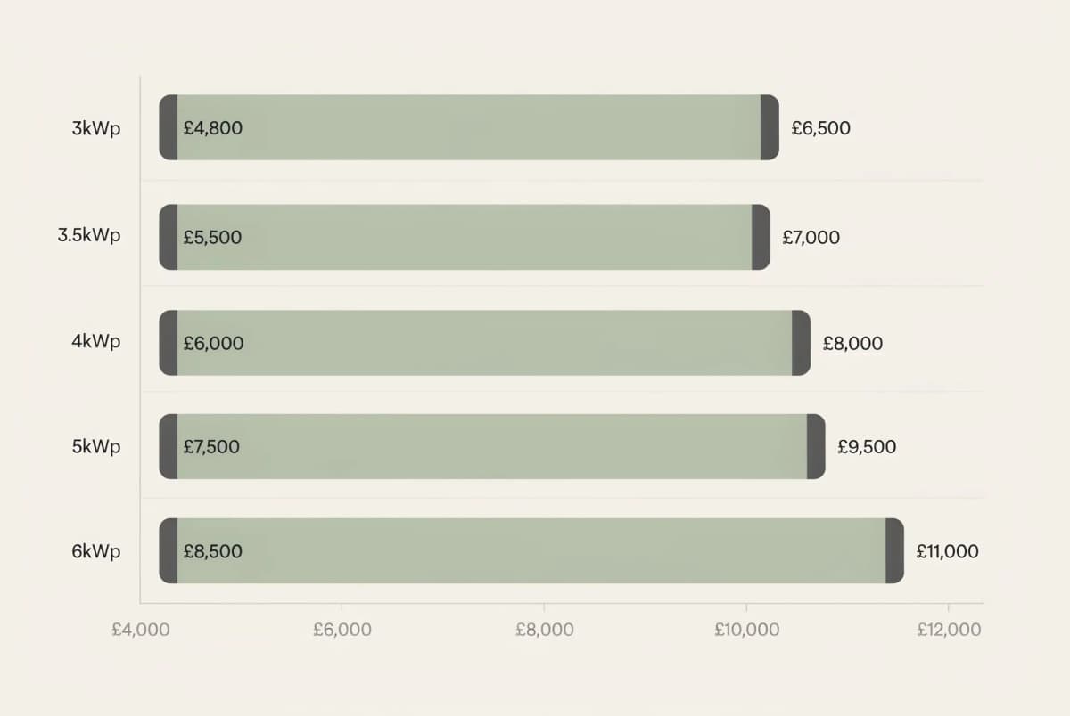 Typical UK solar panel installation cost ranges by system size. Actual prices vary depending on the property, equipment and installation requirement