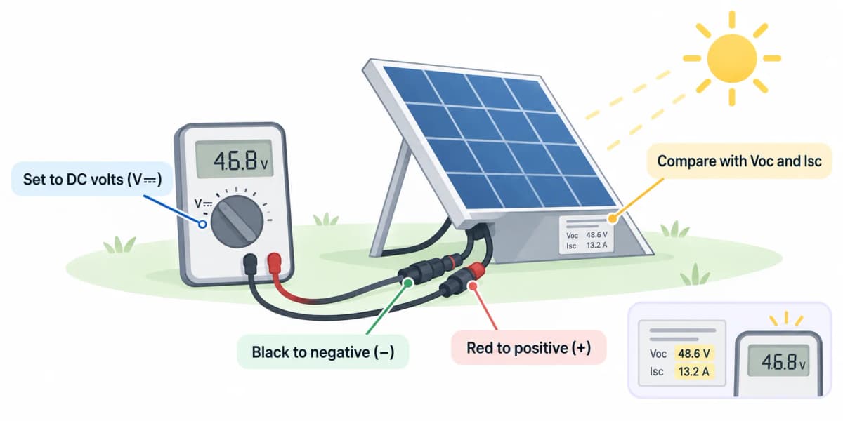 Multimeter connected to a solar panel’s MC4 leads
