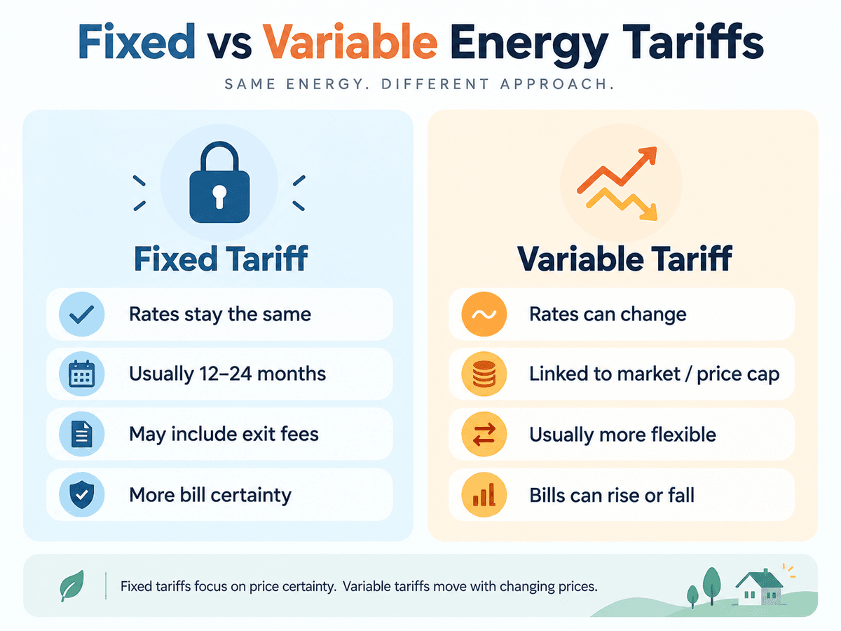 Comparison graphic showing the differences between fixed and variable energy tariffs.