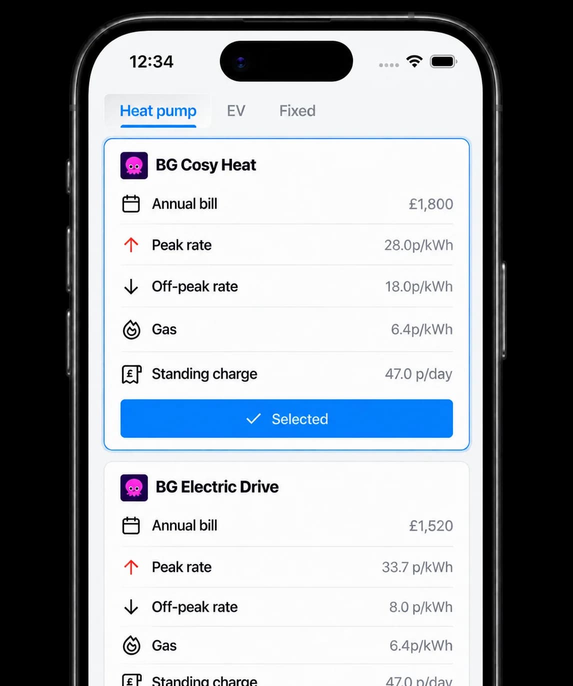EnergieBee app showing energy tariff rates and estimated annual bills on an iPhone