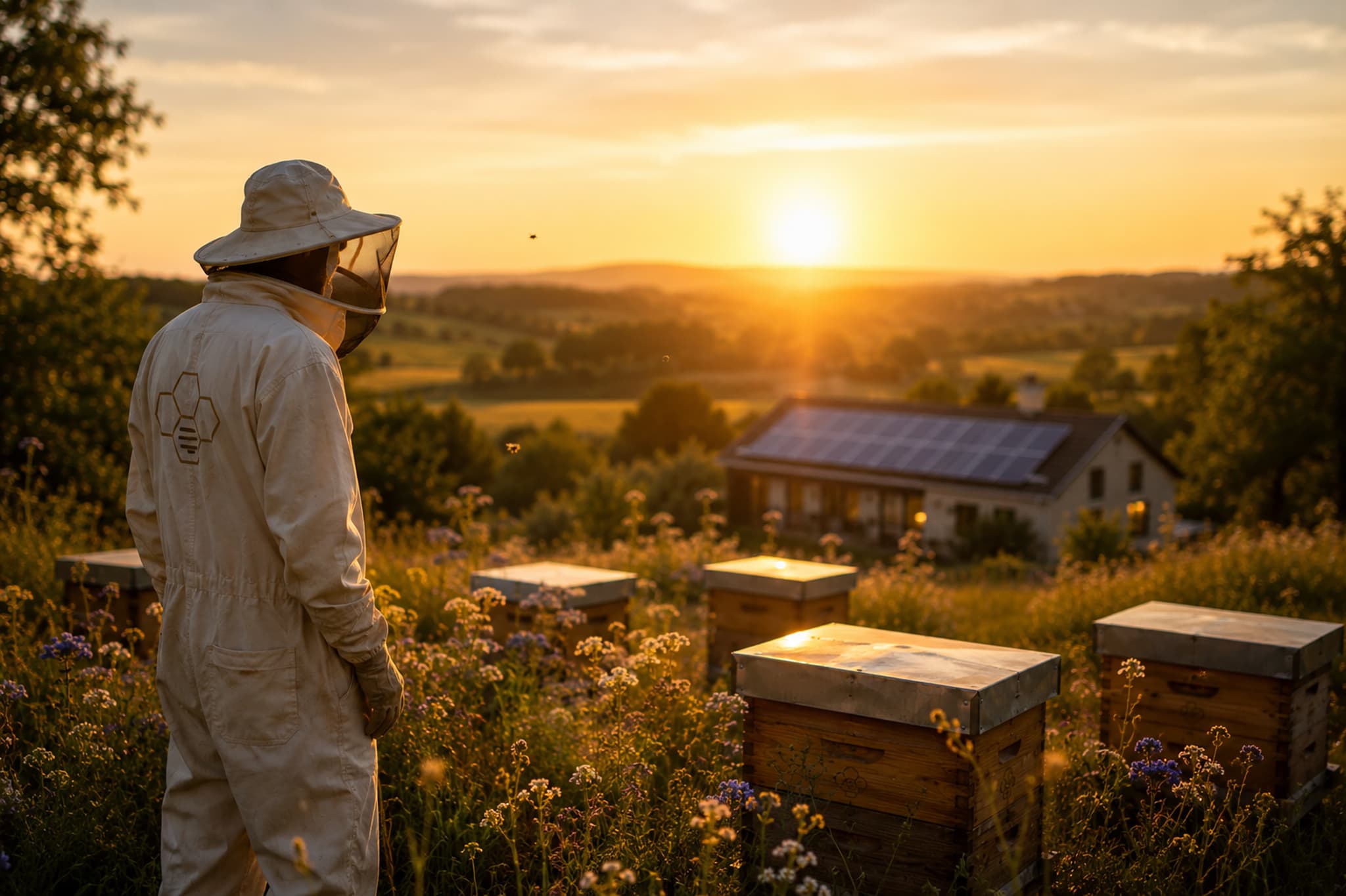A rural family home with beehives in the background