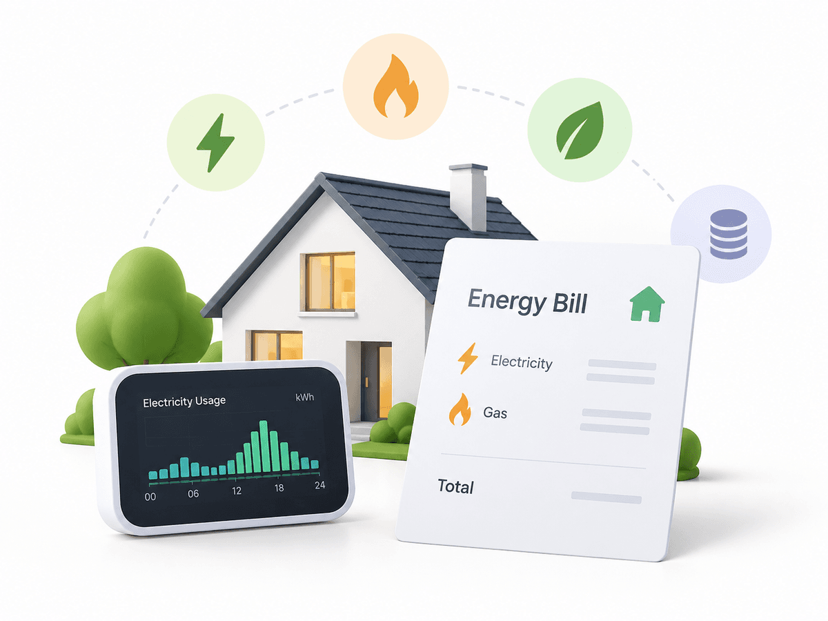 UK household reviewing an energy bill beside a smart meter display