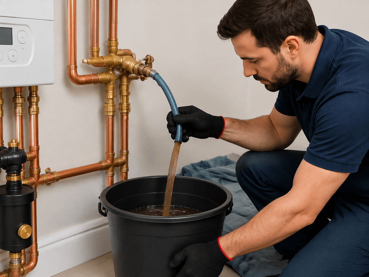 Person draining dirty water from a central heating system into a bucket
