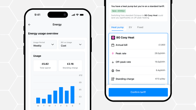 EnergieBee app screens showing electricity usage, standing charges and estimated energy costs.