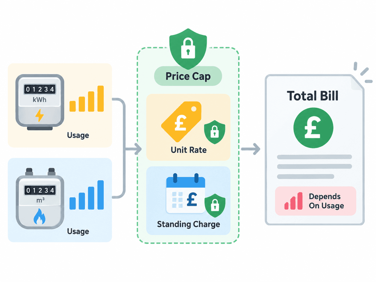 Diagram explaining how the UK energy price cap affects unit rates, standing charges and household bills.