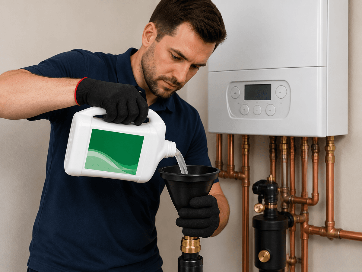 Person adding central heating cleaner during a DIY chemical flush