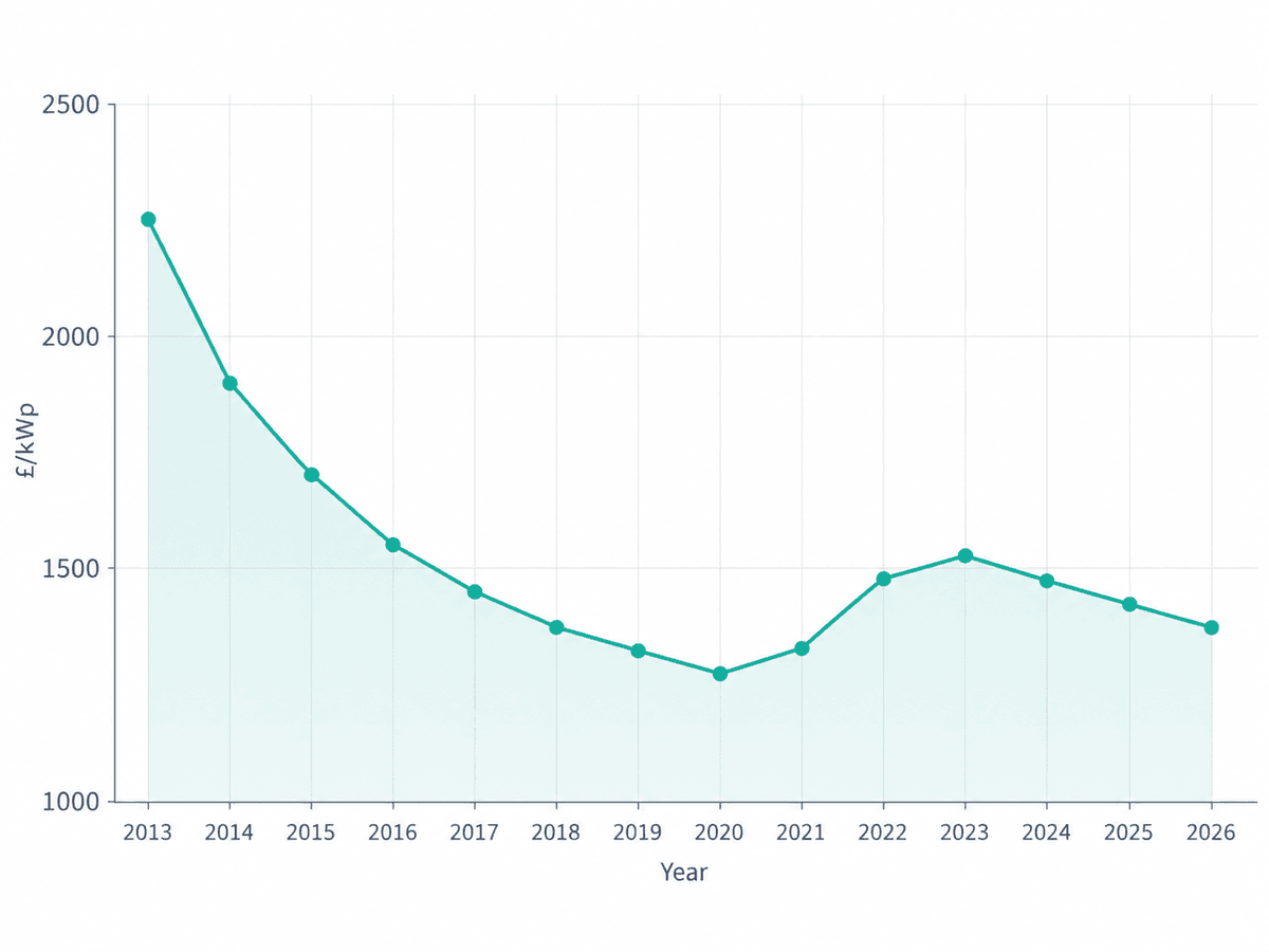 Line chart showing UK solar panel installation costs per kWp from 2013 to 2026, with an overall downward trend.