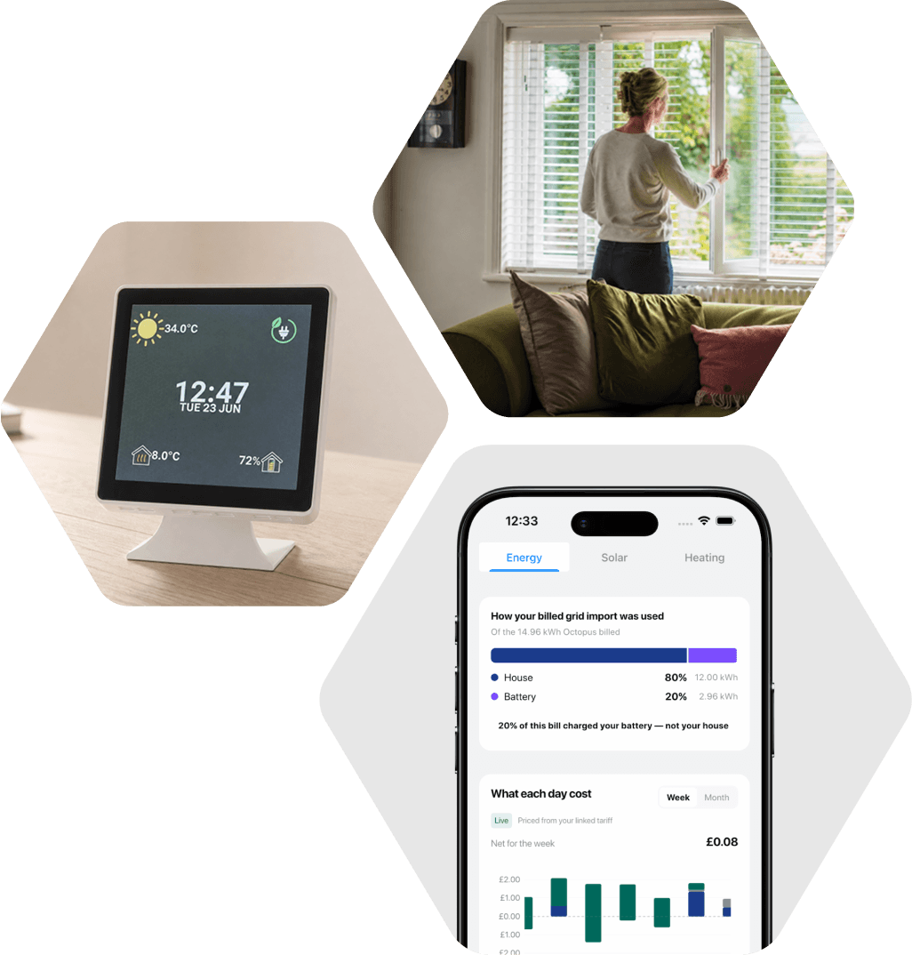 An EnergieBee room display beside the app, splitting a billed 14.96 kWh grid import 80% to the house and 20% to the battery