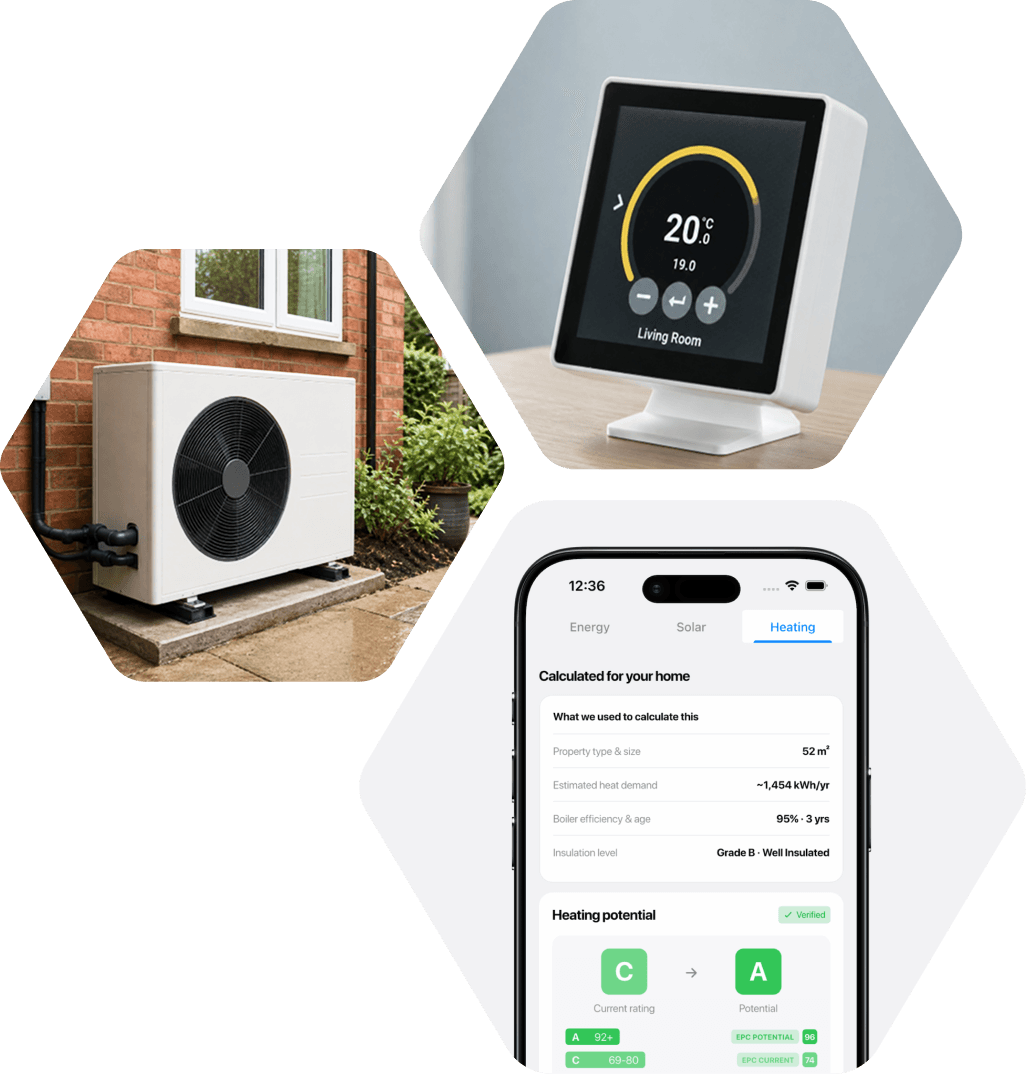 An air source heat pump and a 20°C room thermostat beside the app, rating the home's heating potential C up to A