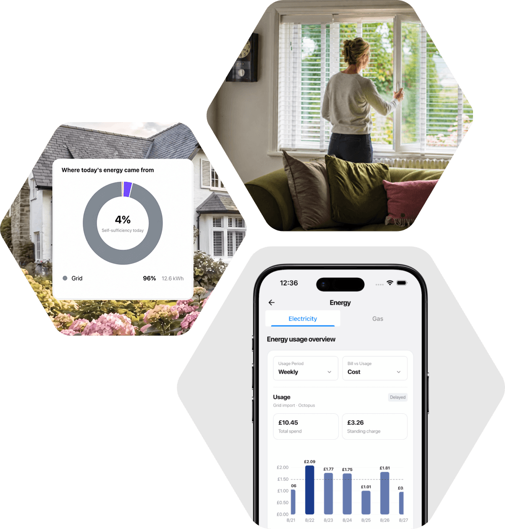 The app's weekly electricity view — £10.45 spent, £3.26 of it standing charge — beside a day that ran 96% on the grid at 12.6 kWh
