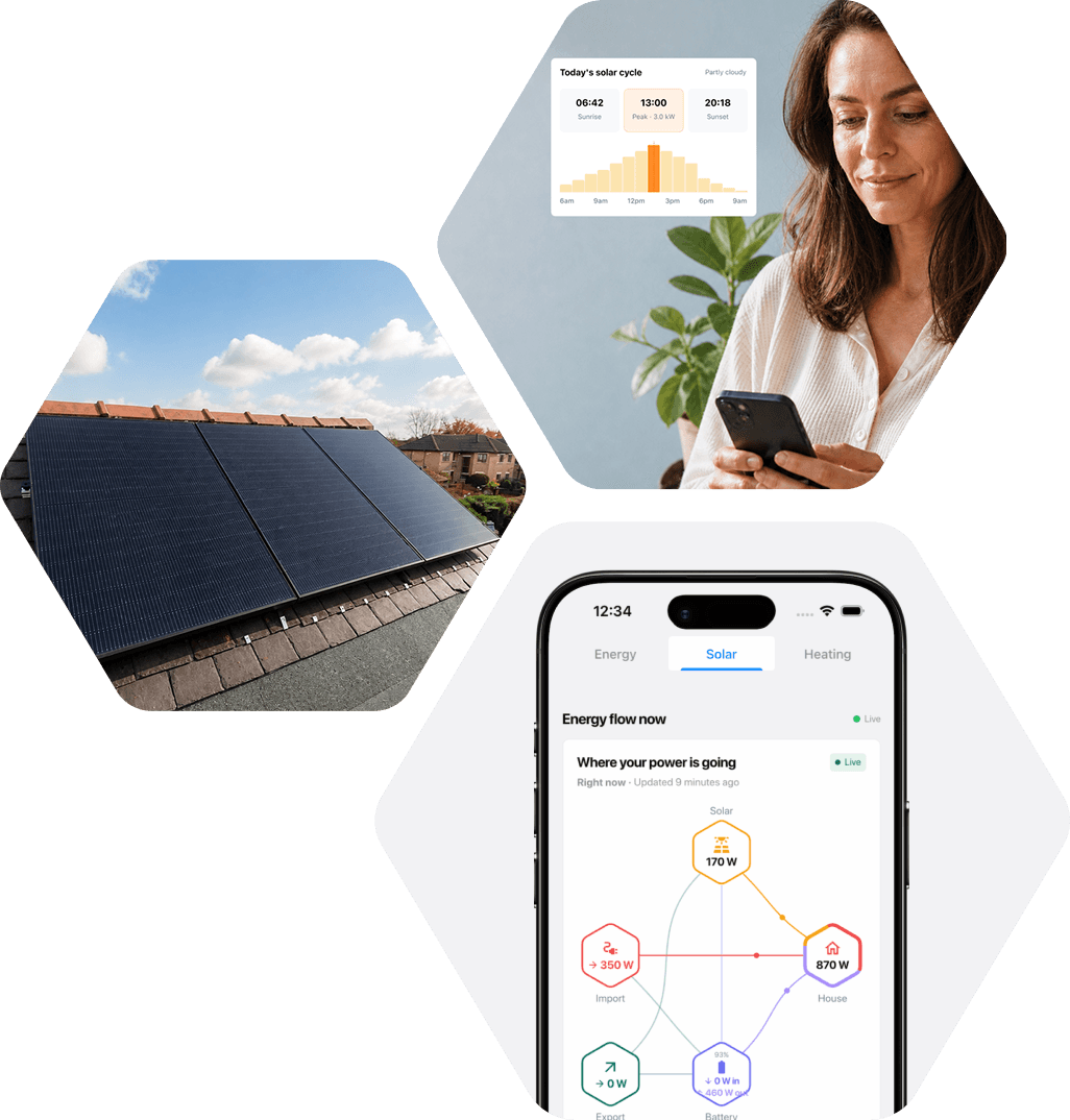 Rooftop solar panels beside the EnergieBee app, showing today's solar cycle and a live 170 W flow into the house