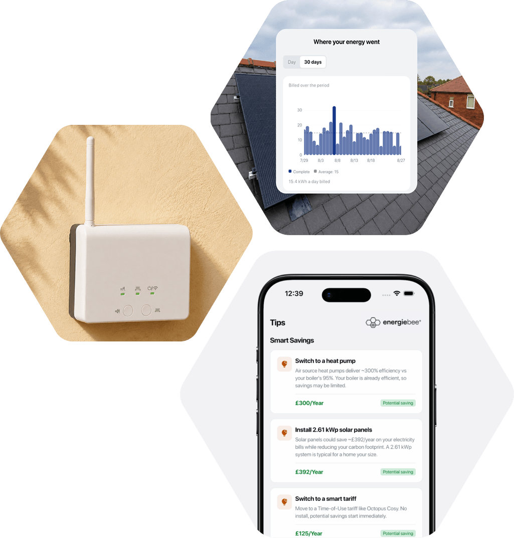 An EnergieBee hub beside the app's savings tips — £300 a year from a heat pump, £392 from solar — and 30 days billed at 15.4 kWh a day