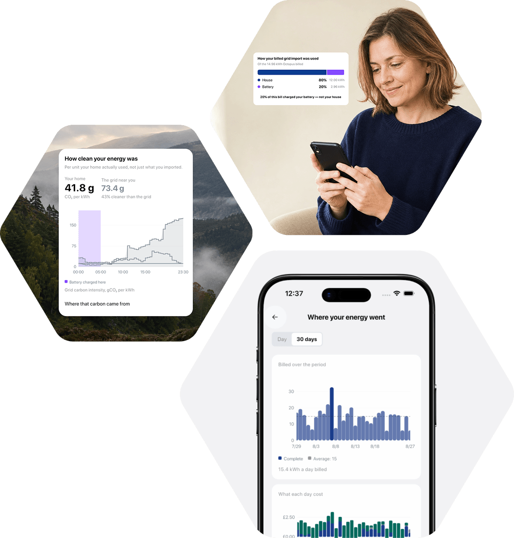 The app's 30-day view at 15.4 kWh a day billed, beside a carbon card reading 41.8 g CO2 per kWh — 43% cleaner than the grid
