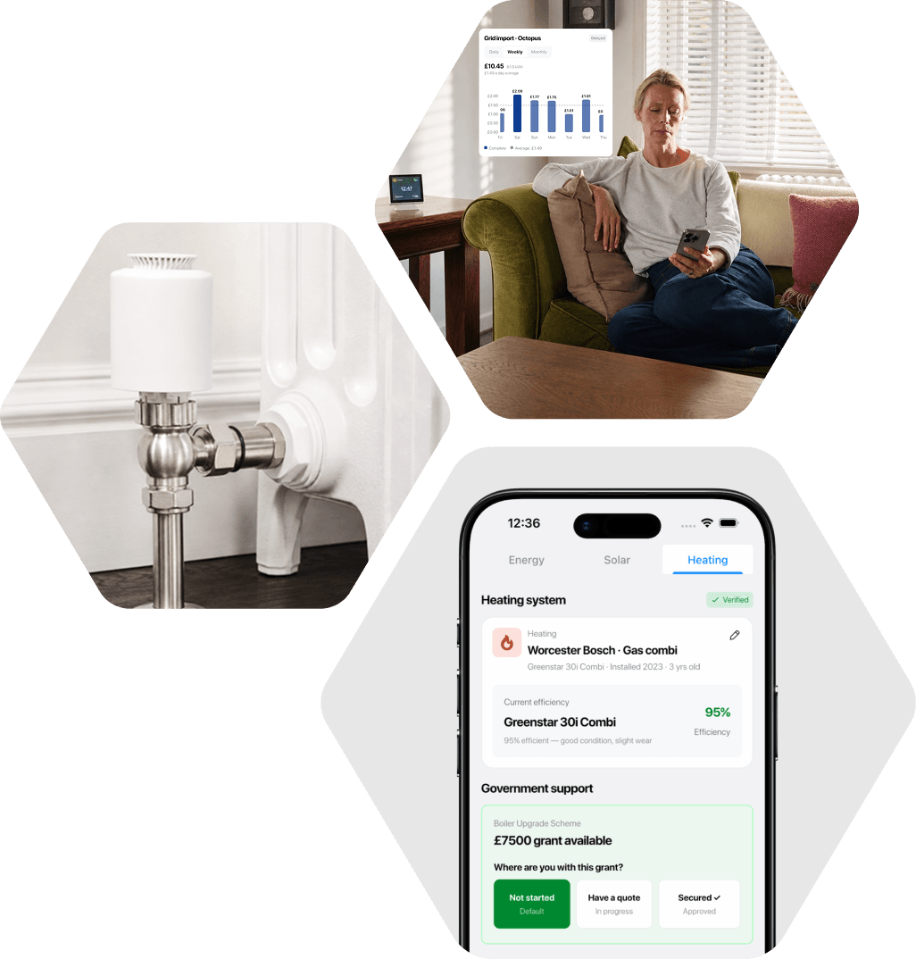 A smart radiator valve beside the app's heating tab — a Worcester Bosch combi at 95% efficiency, a £7,500 boiler upgrade grant