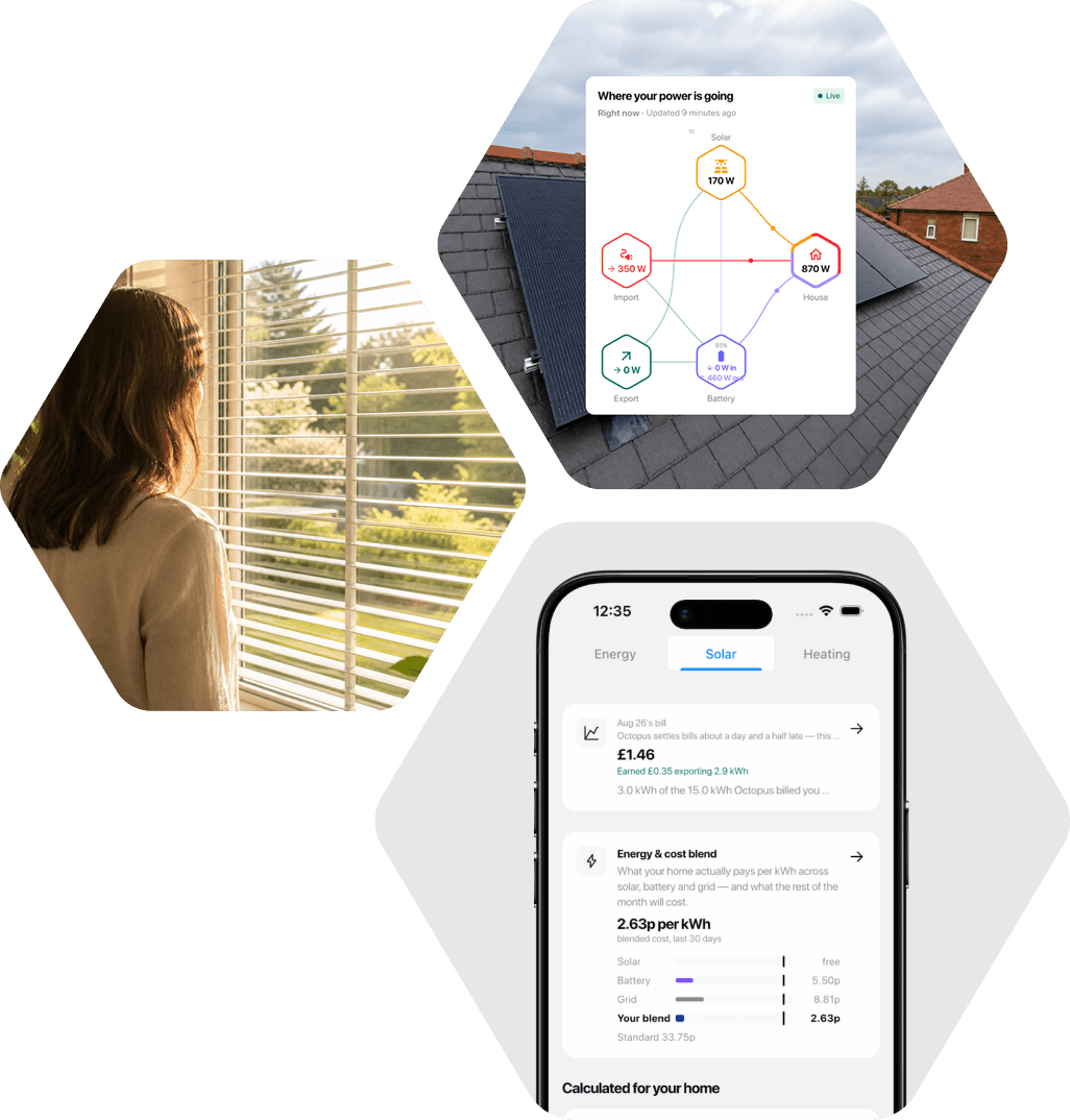 The EnergieBee app over a panelled roof: where the home's power is going, a £1.46 bill, 2.63p per kWh blended