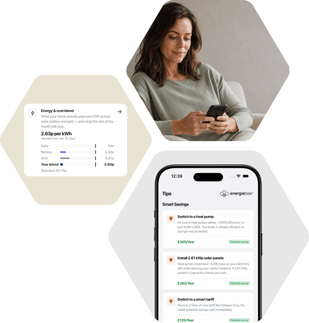 The app's savings tips — £300 a year from a heat pump, £392 from solar — beside a blended 2.63p per kWh against a 33.75p standard rate