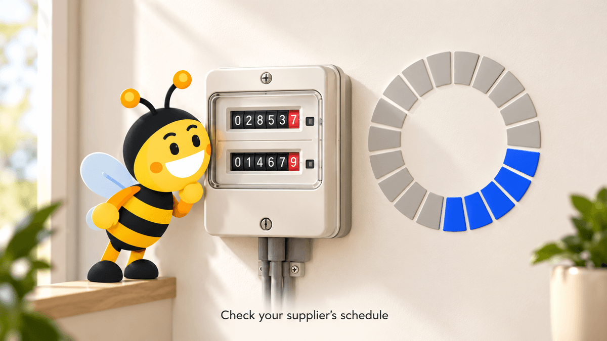 EnergieBee bee beside a two-rate meter and a circular seven-hour illustration with a reminder to check the supplier’s schedule.