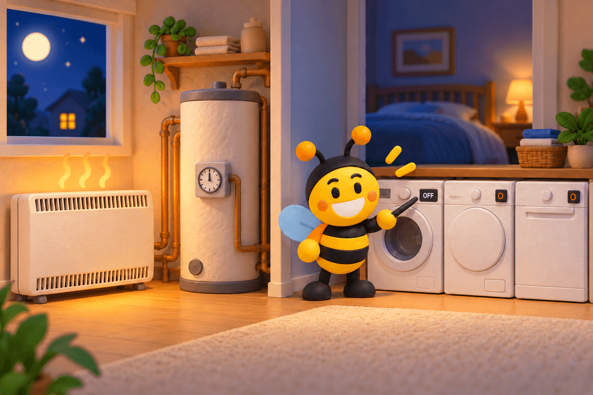 Nighttime home with a storage heater and timed hot-water cylinder; a washing machine beside the bedroom displays “OFF”.